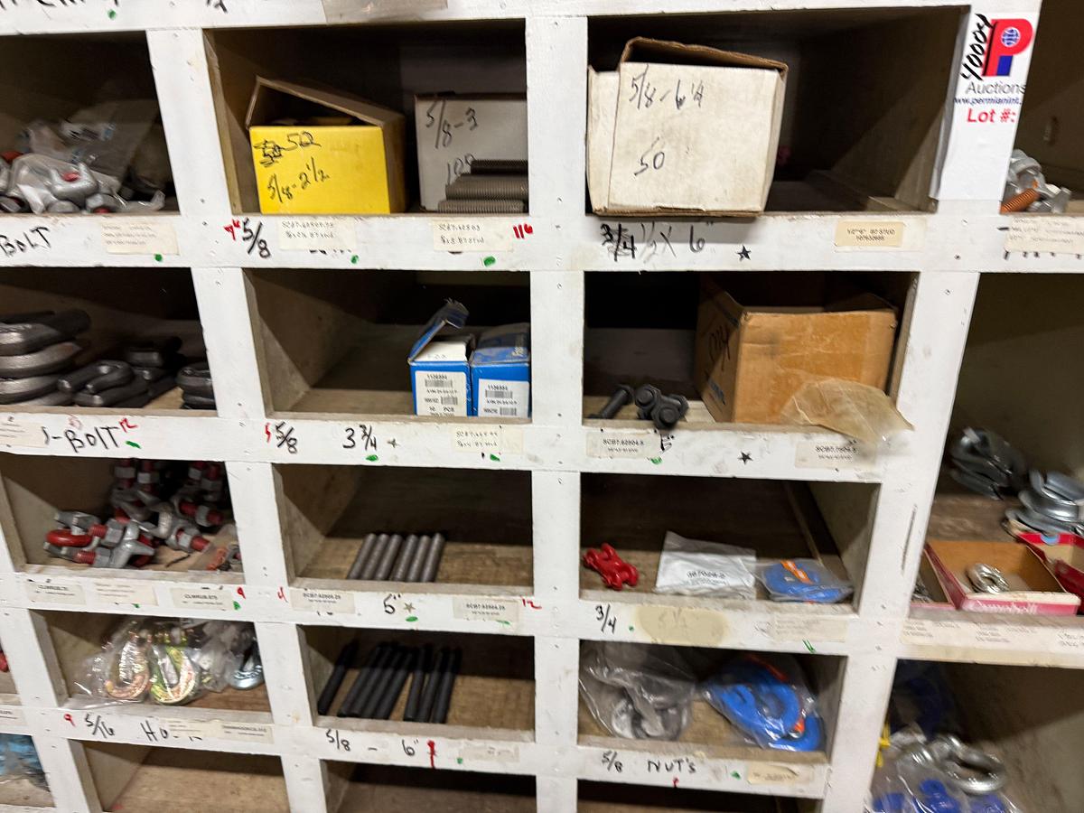 Used SECTION OF (50+)1/4” THRU 3/8” FIST GRIP U-BOLT CLAMPS, CHAIN HOOKS & BINDERS, SOME VICTAULIC COUPLINGS, ROD STRIPPER RUBBERS