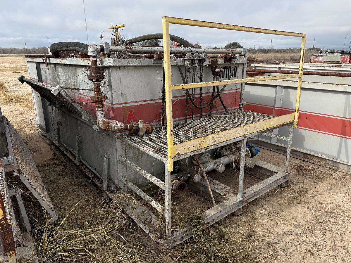 Used 15’ X 7’ X 5’ 3-COMP CEMENT MIXING TANK W/ AGITATORS, AIR VALVES CATWALK, PORCH,