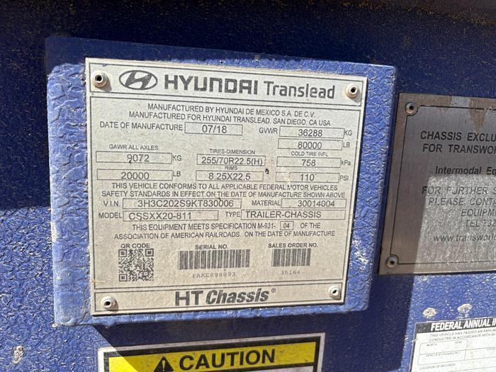 Used 2019 HYUNDAI TRANSLEAD T/A CHEMICAL TRANSPORT TRAILER