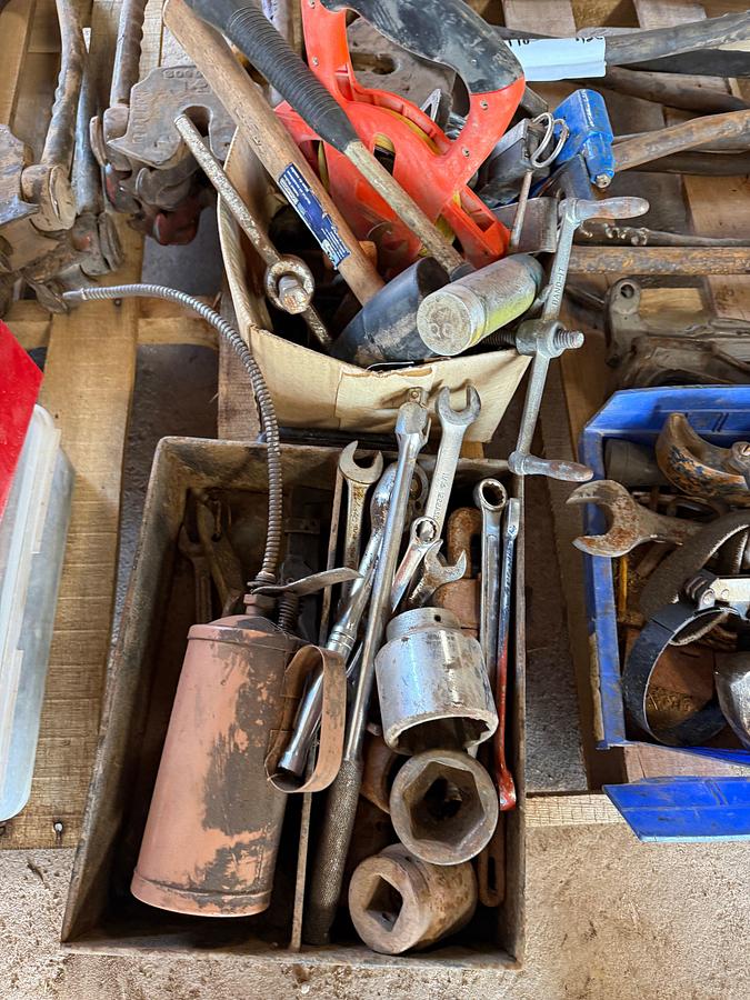 Used (2) PALLETS W/ (4 SETS)-OBANNON ROD ELEVATORS, ALLEN WRENCHES, 50’ TAPE MEAS., SOCKETS, HAND TOOLS, C-CLAMPS