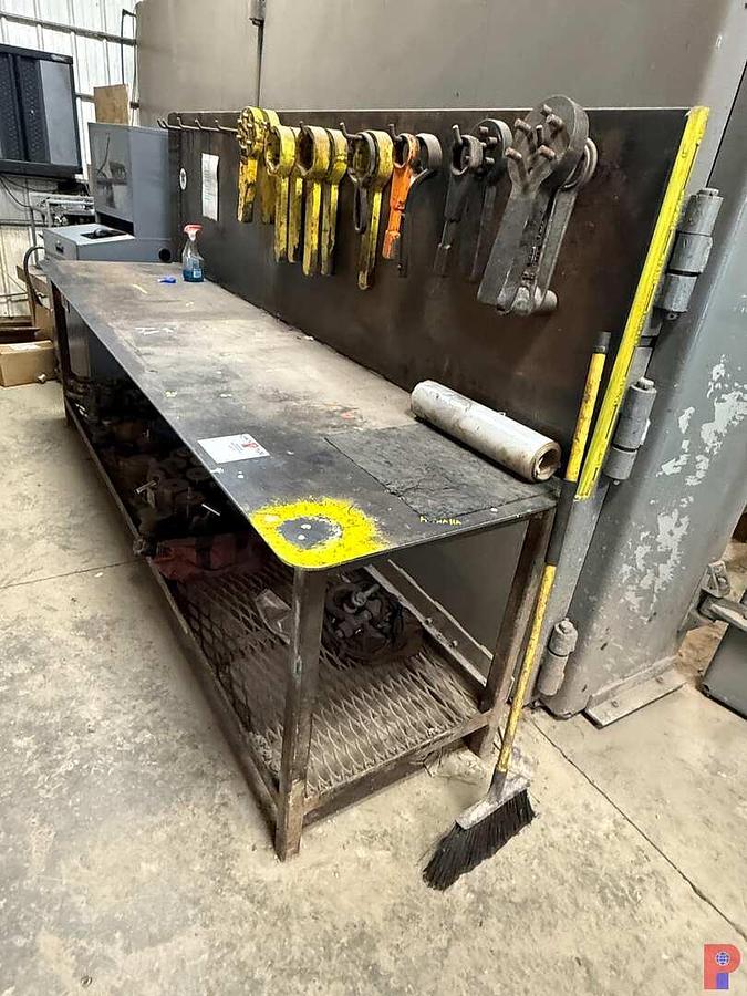 Used 10’ X 2.6’ X 3’ SHOP WORK TABLE W/ METAL PEG BACKBOARD