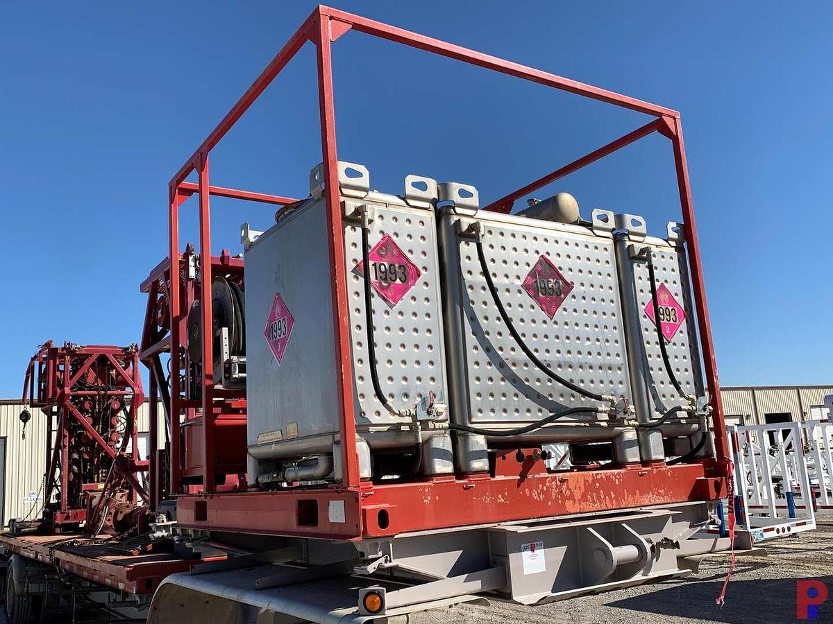 Used 8’ X 8’ HD SKID W/ (3) TRANSTORE STAINLESS STEEL TOTES & HOSE REELS