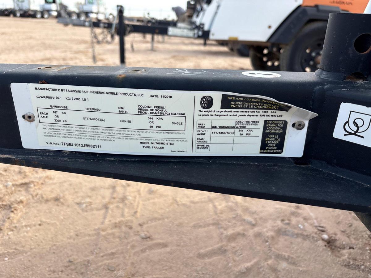 Used 2018 GENERAC MLT6MSD 6KW S/A BUMPER PULL LED LIGHT TOWER