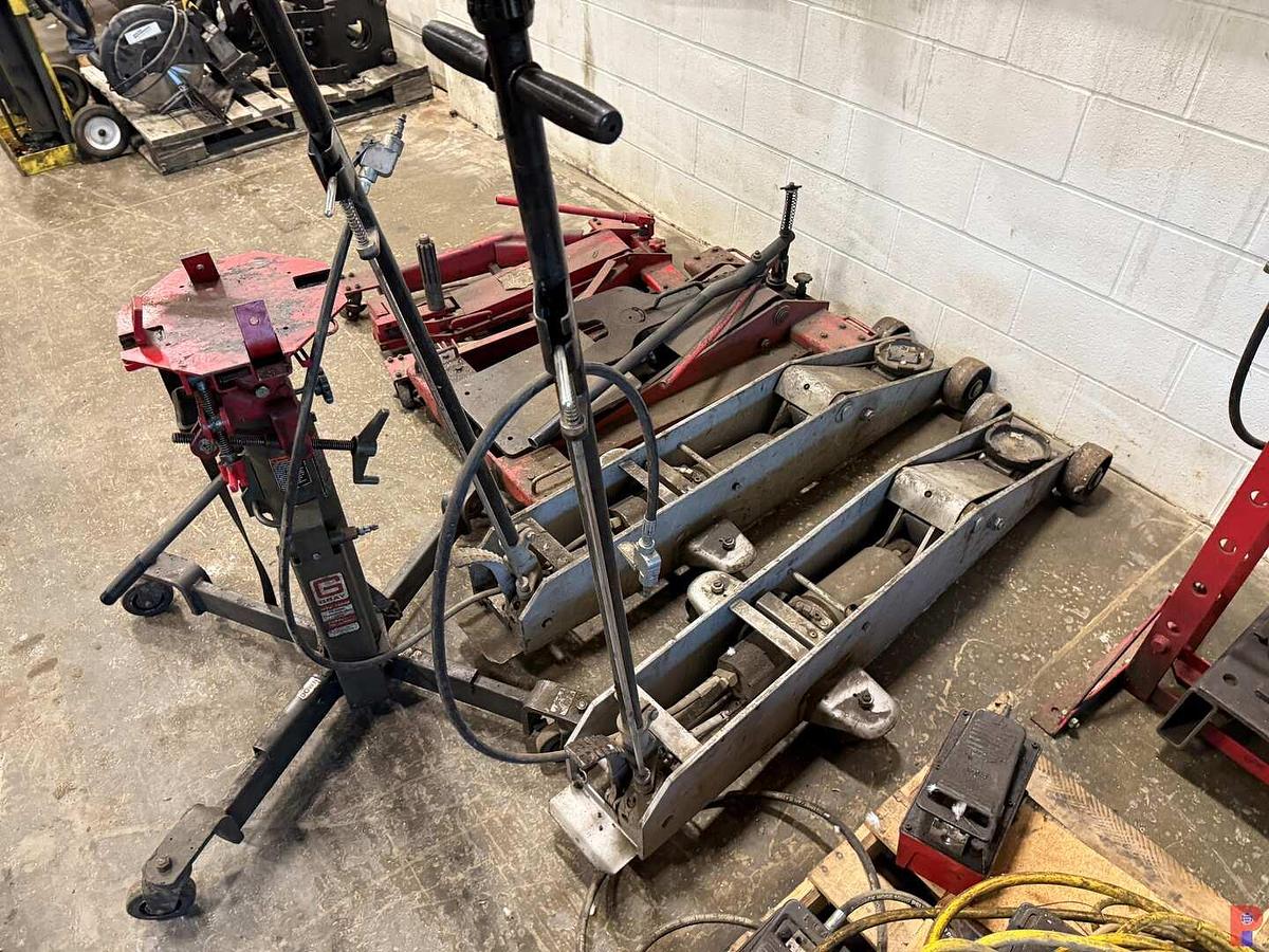 Used LOT OF (2) HD FLOOR, TRANS. & (2) CLUTCH JACKS, PALLET OF PLHYD. FOOT PUMPS, HOSES, JACKS, 20 TON PRESS JACK
