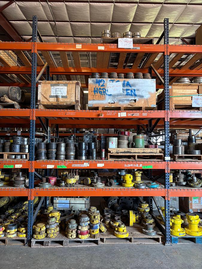 Used Contents of (5 shelves) w/ assorted 4-1/2” hangers, TC-1 hangers, DSAs, weco flanges & flow iron plugs