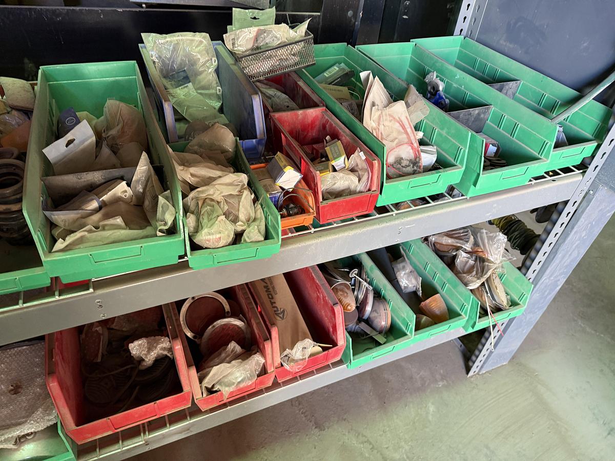 Used 96”L X 24”W X 72”H 3-SHELF RACK, (1) 24-COMP. FITTING BIN, & (1) 4-ROW ELECTRIC WIRE REEL RACK, ALL W/ TRUCK PART & RELATED