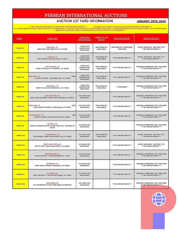 Used RING 1 YARD & TERMS INFORMATION