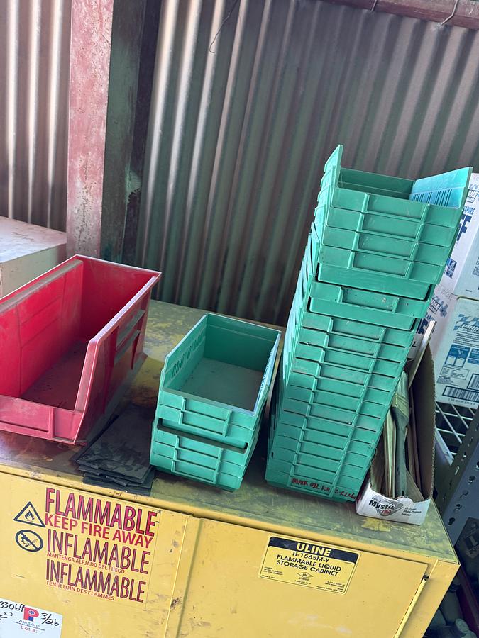 Used (1) 34”L X 34”L X 65”H FLAMMABLE LIQUID STORAGE CABINET & (1) 30”L X 15”W X 72”H 3-SHELF CABINET, ALL W/ TRUCK PARTS & PAINT