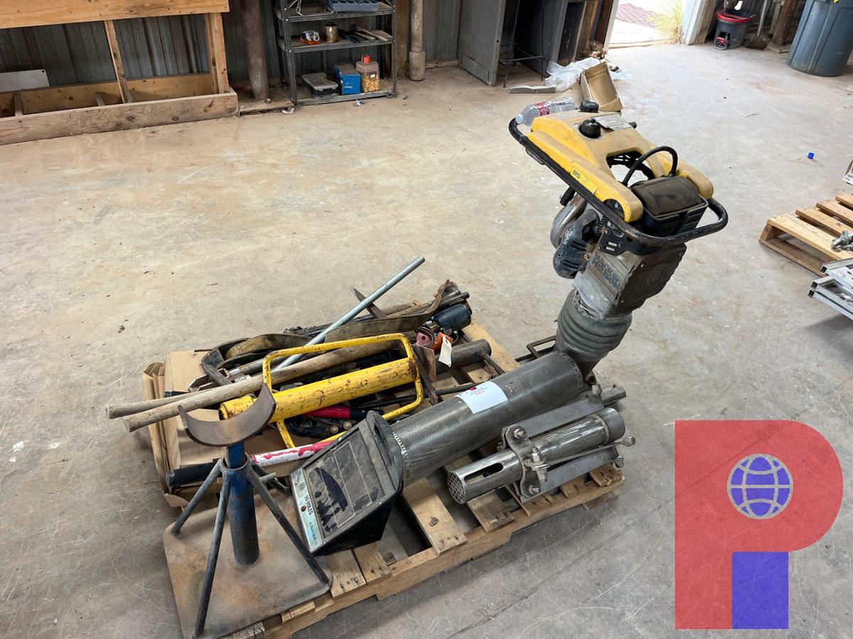 Used PALLET W/ WACKER NEUSON COMPACTOR, PICK AXES, FILTER SCREEN, ETC.