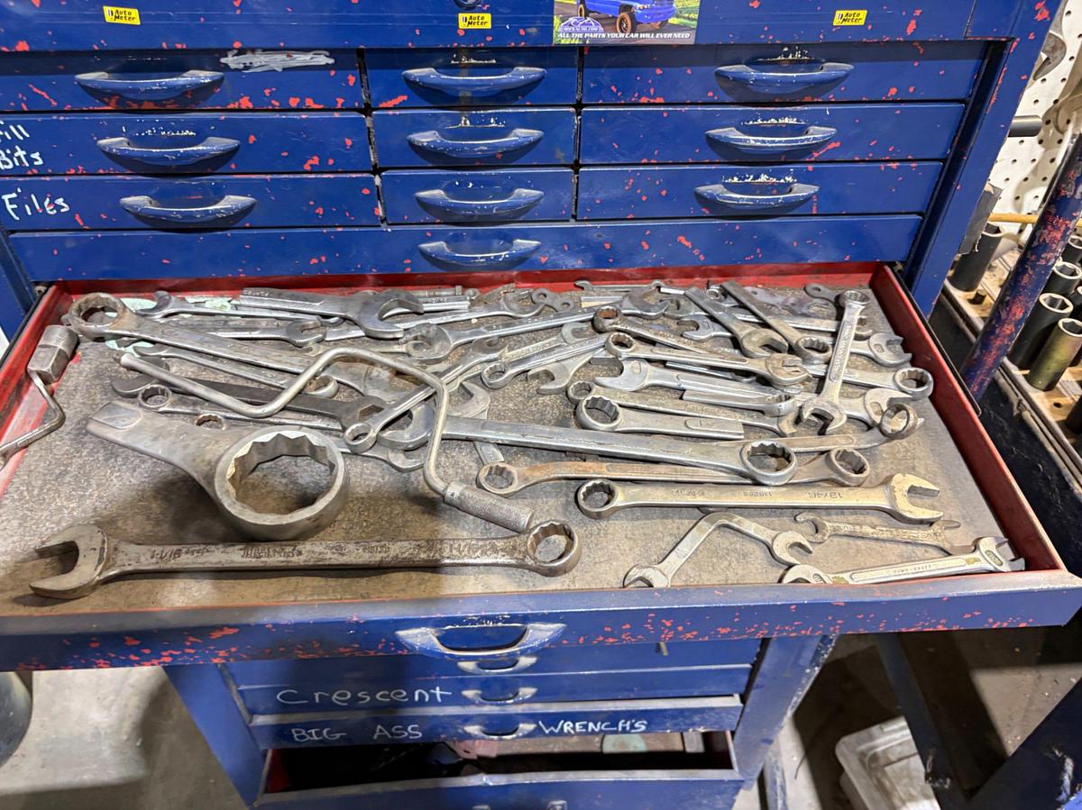 Used 34” x 18” x 60” tool box w/ contents