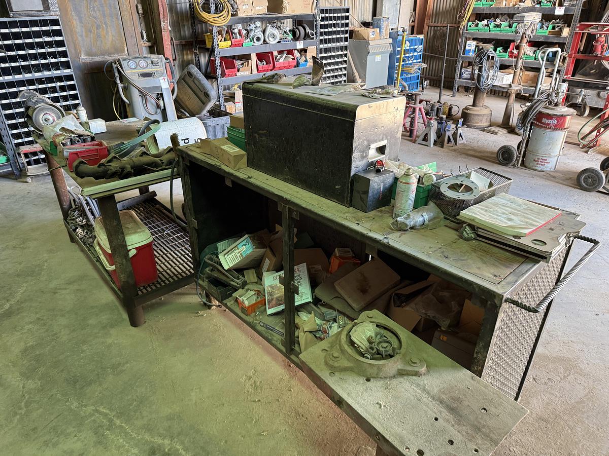 Used (1) 72”L X 24”W X 36”H METAL SHOP BUILT ROLLING TOOL CART & (1) 62”L X 32”W X 36”H METAL WORK BENCH TABLE W/ ELEC. 8” GRINDER