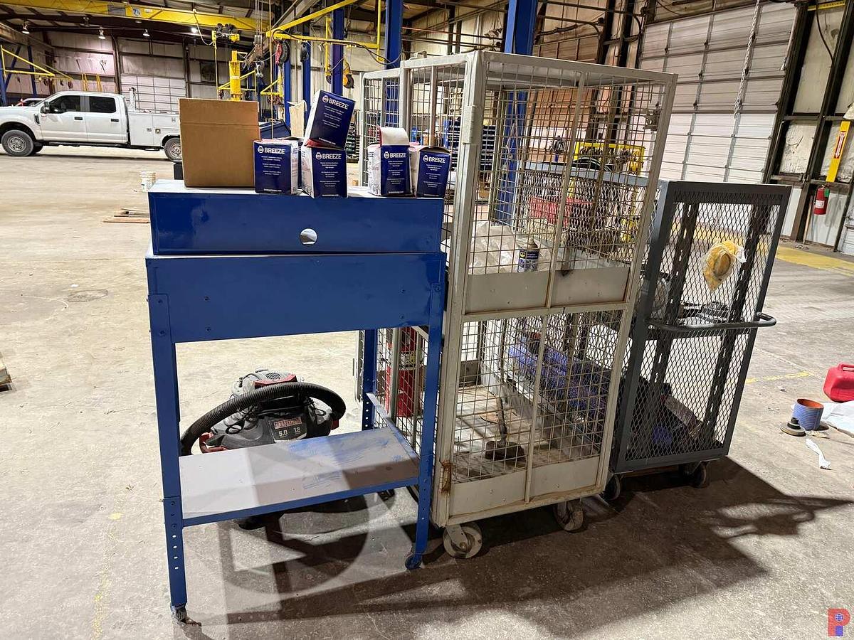 Used (2) WIRE MESH ROLLING CART STORAGE BINS, STAND UP METAL DESK, SHOP VAC, HOSE CLAMPS