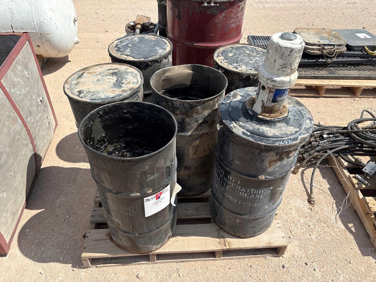 Used (2 pallets) w/ assorted high temp grease drums, pneumatic grease pumps, & gear oil