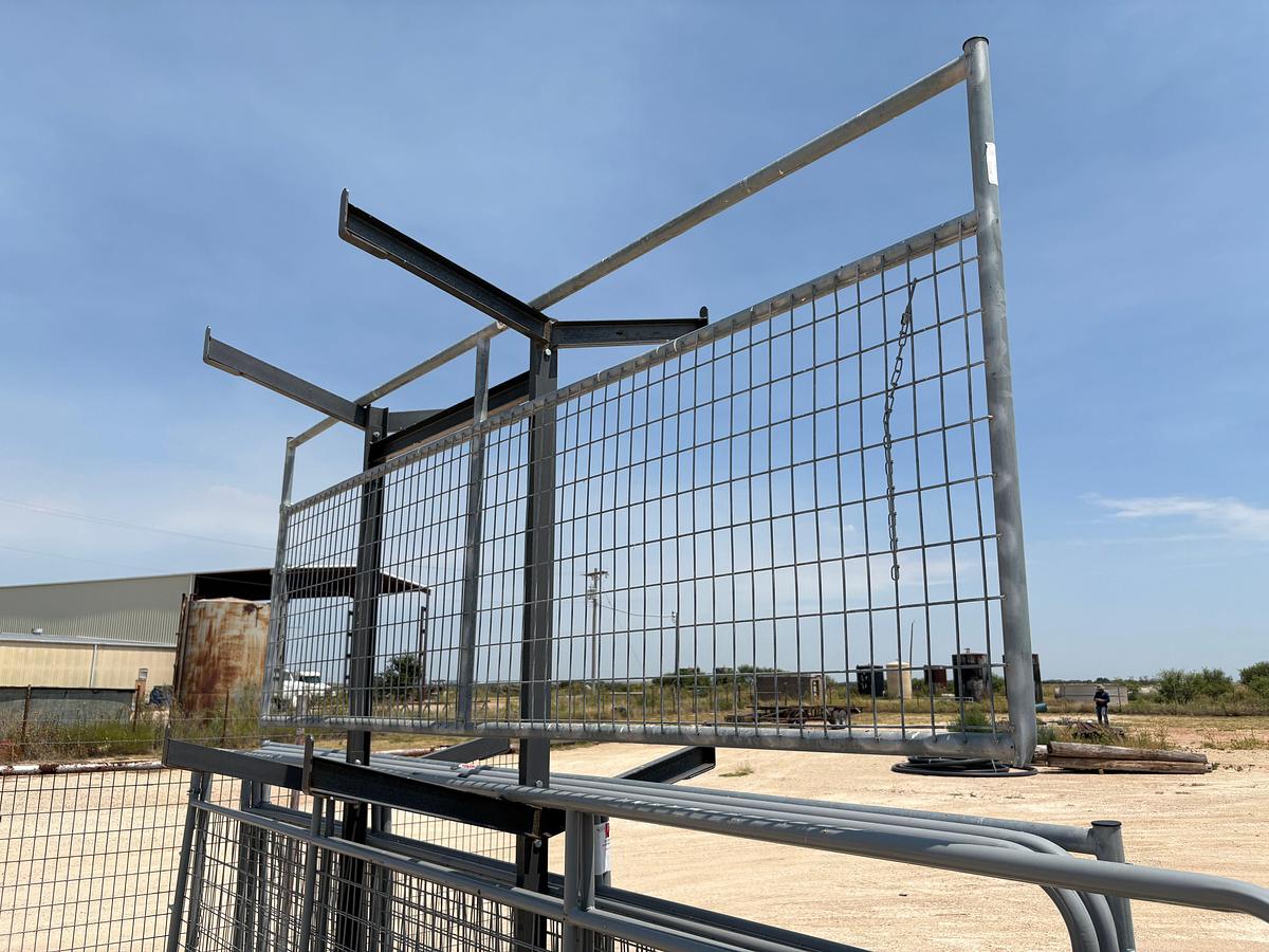 Used (4) 13.5’ x 4’ & (2) 15.5’ x 4’ gates w/ storage rack