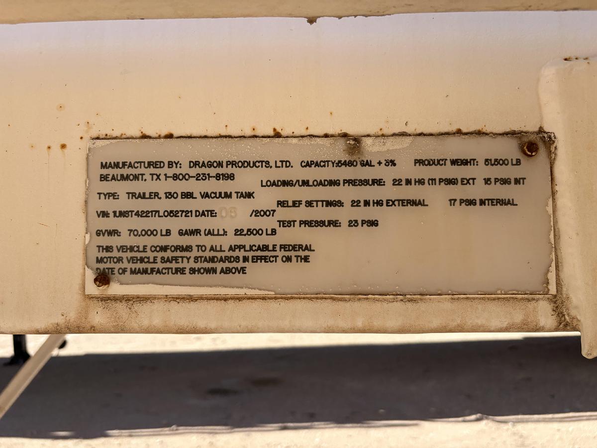 Used 2007 DRAGON 130BBL T/A VACUUM TRAILER