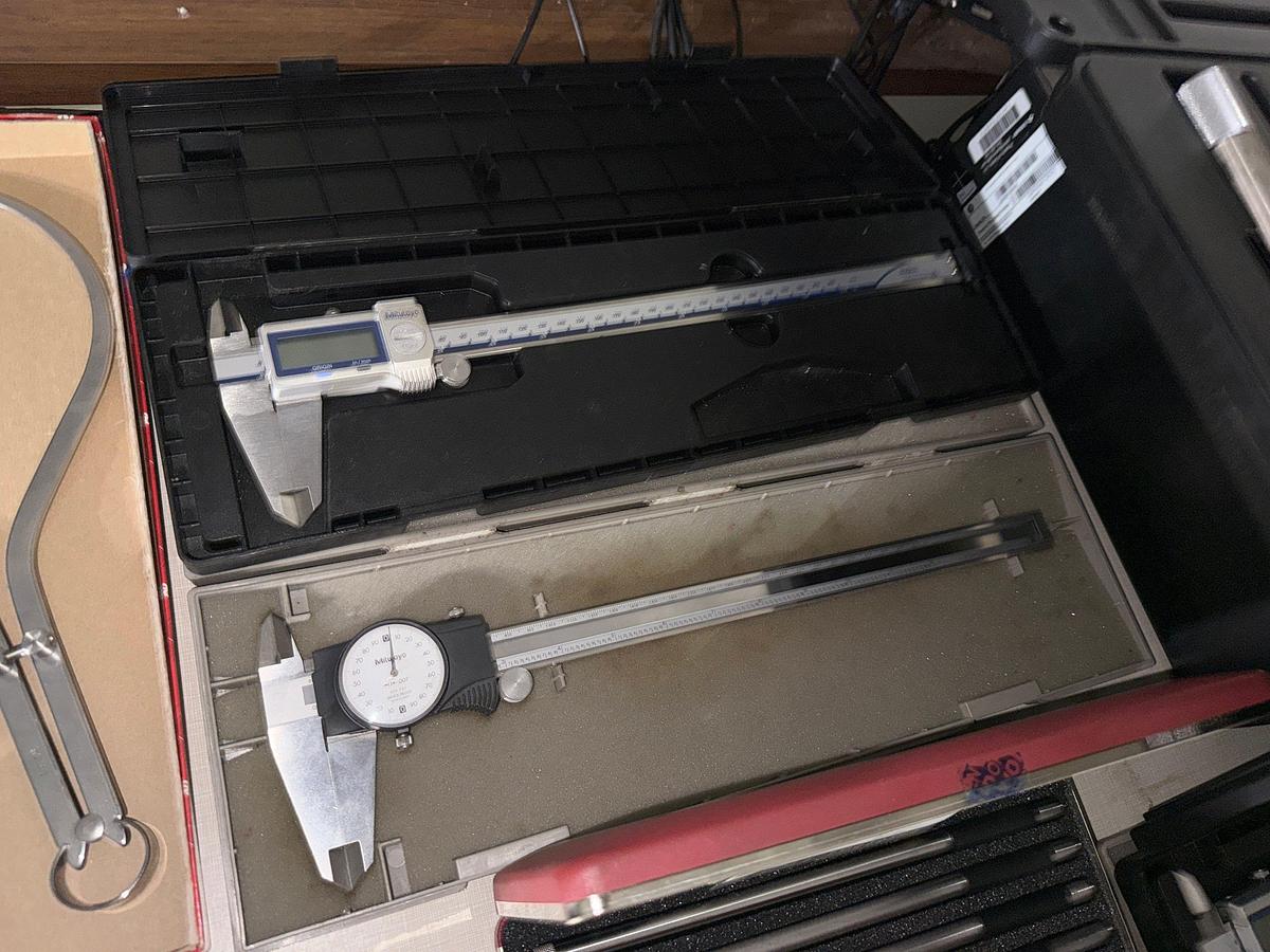 Used SECTION OF (6+) OD MICROMETERS , (7+) DEPTH GAUGES, GAUGE BLOCKS & ARMS, (4) DRAWER ROLLING TOOLBOX