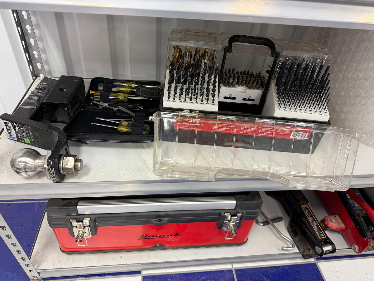 Used 6- SHELVE RACK W/ CONTENTS OF (5) CUSTOM SNAP ON SOCKET CUPS, DRILL BIT SET IN BOX, TOOL BOX, PUTTING TURF, (2) FLOOR JACKS