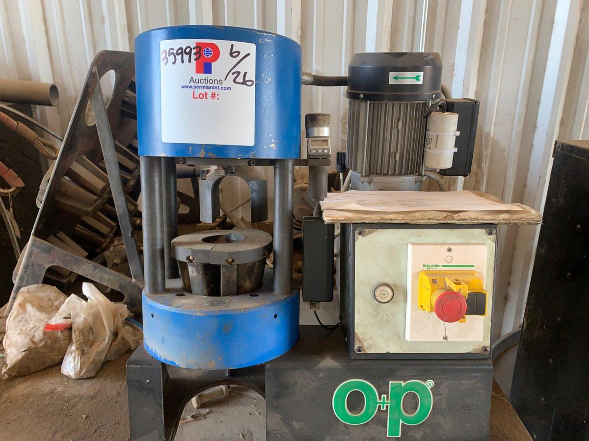 Used Schneider Electric OP Crimper Machine w/ (2) 8 Row Roll Around Bins and Hydraulic Fittings