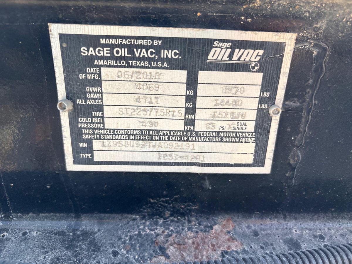 Used 2018 SAGE OIL VAC 12’ X 88” T/A BUMPER PULL LUBE TRAILER
