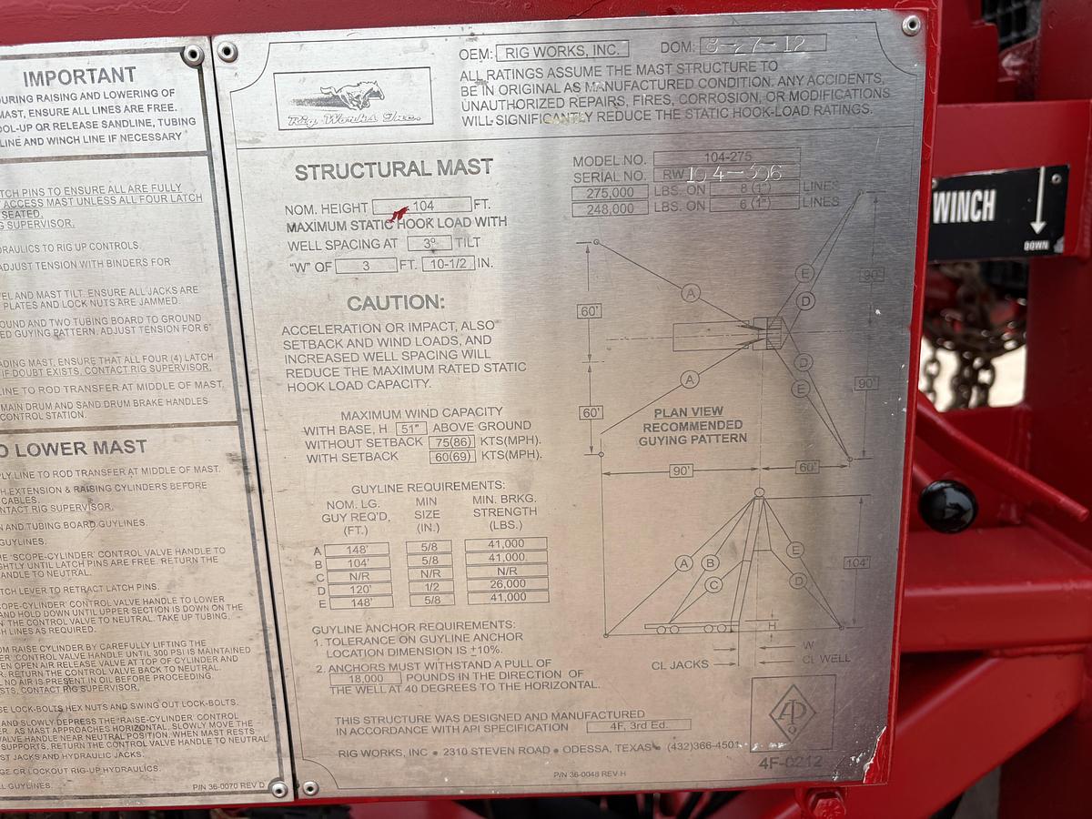 Used 2012 RIG WORKS MUSTANG 550 5-AXLE WELL SERVICE RIG