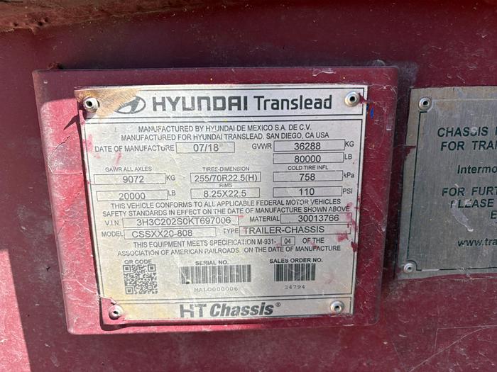 Used 2019 HYUNDAI TRANSLEAD T/A CHEMICAL TRANSPORT TRAILER