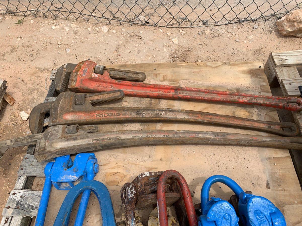 Used Pallets of 3/4 - 7/8 Rod Elevators and 48” Ridgid Pipe Wrenches