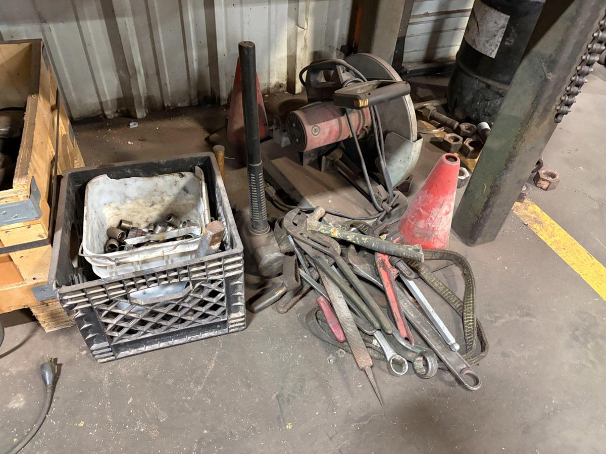 Used 10’ x 3’ x 3’ metal shop table w/ contents