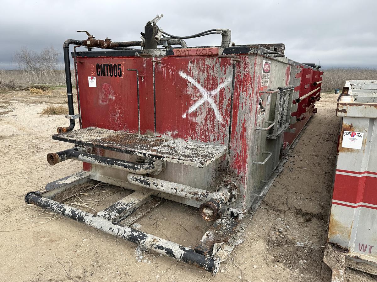 Used 30’ X 8’ X 5’ 4-COMP CEMENT MIXING TANK W/ (2) AGITATORS, CATWALK, & IRON RACK