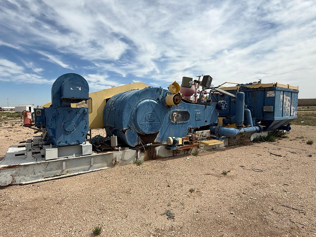 Used CONTINENTAL EMSCO FB-1600 5K WP TRIPLEX MUD PUMP W/ AC ELECTRIC MOTOR &  MIXING TANK SKIDDED