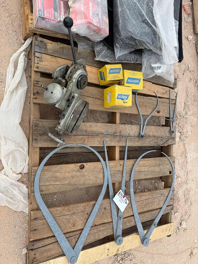 Used PALLET W/ 4-CALIPERS, 1-DIVIDER, 1-360 DEG. RADIAL GRINDER ATTACHMENTS, 3-BOXES NORTON GRINDING WHEELS