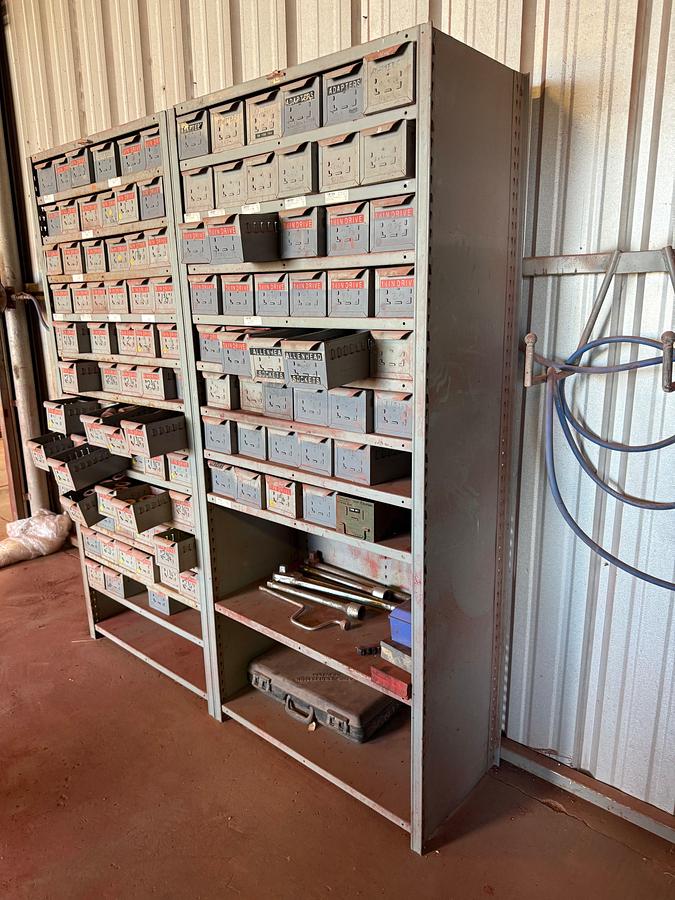 Used (2) 3’L X1 18”W X 7’H SHELVES W/ 110-BINS MOST FULL OF 1/2” THRU 1-1/2” DRIVE SOCKETS UP TO 2-3/4” SIZE