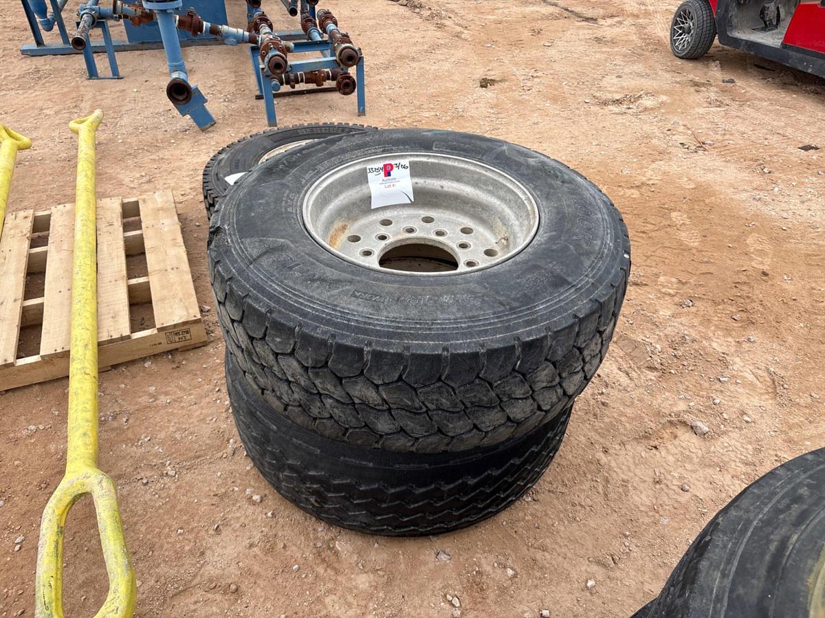 Used (2) 385/65R22.5 TIRES W/ 10-LUG ALUMINUM WHEELS