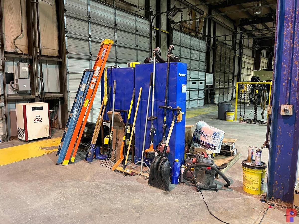 Used LOT OF ASSORTED HAND TOOLS, SHOP TOOLS, BOLT BINS, SHOP VACS ETC.