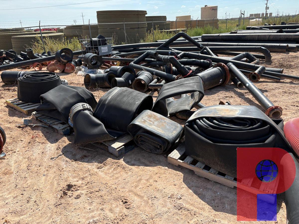 Used LARGE ASSORTMENT OF 5” - 14”DIA POLY PIPE CUT OFFS AND FITTINGS & 12” LAYFLAT HOSE