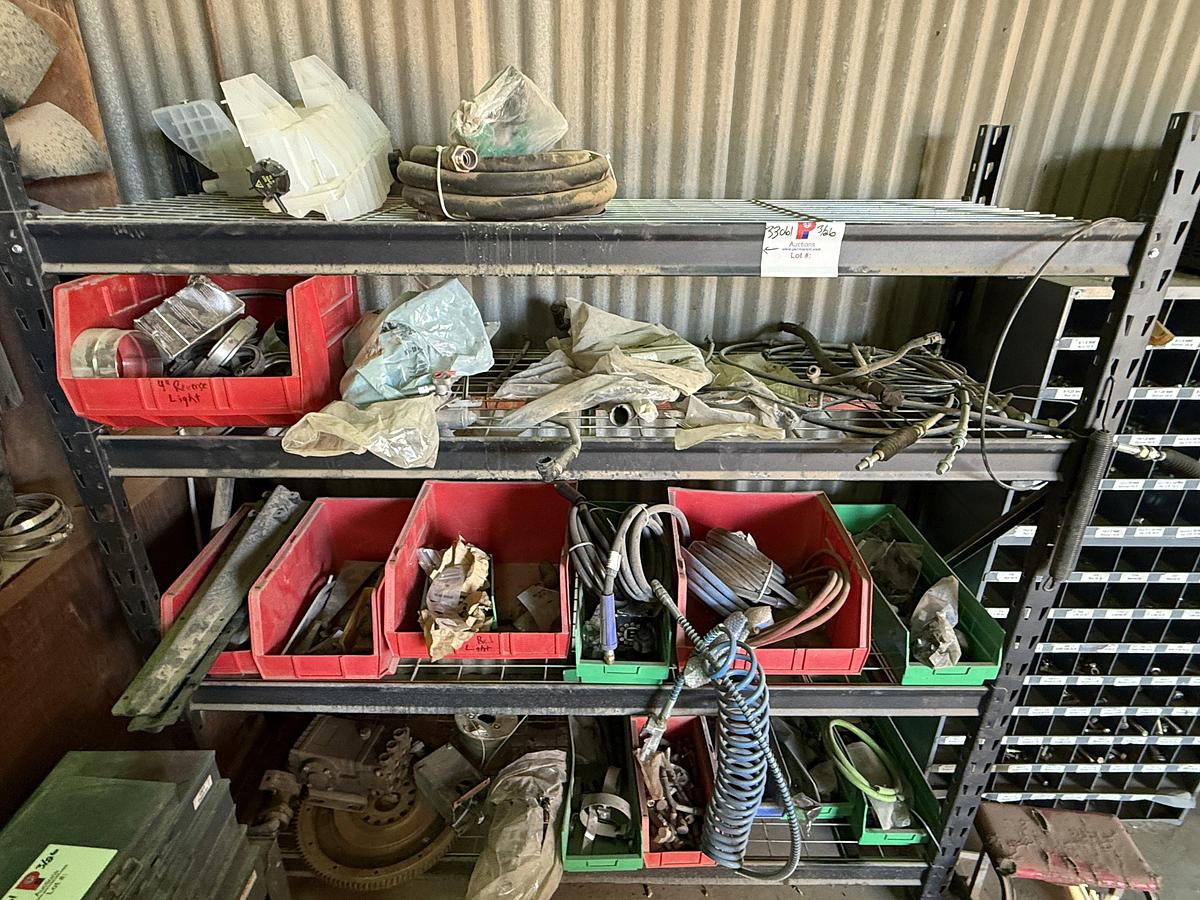Used (1) 112-BIN BOLT BIN, (1) 77”L X 24”W X 78”H 4-SHELF RACK, (10) DURHAM SLIDE-OUT COMP. BOXES, ALL W/ TRUCK PARTS & RELATED