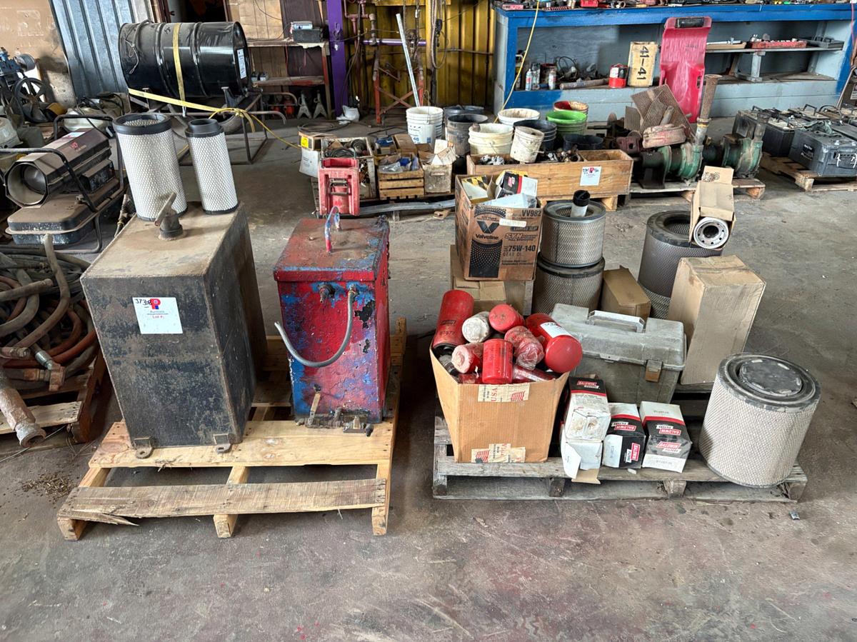 Used (2) fuel tanks & (2) pallets of assorted hoses, air filters, & oil filters