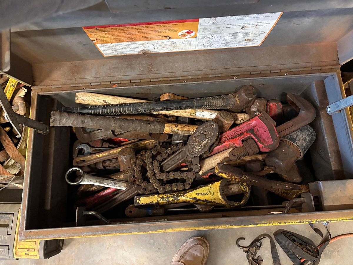 Used Lot w/ (3) job boxes w/ contents, trailer hitches, air & hydraulic hoses, safety harnesses, ladders, etc.