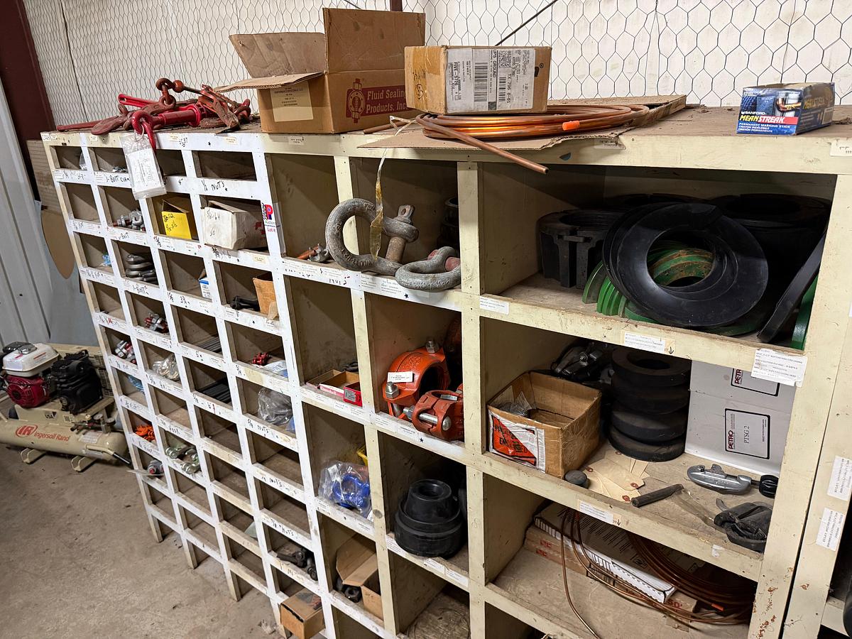 Used SECTION OF (50+)1/4” THRU 3/8” FIST GRIP U-BOLT CLAMPS, CHAIN HOOKS & BINDERS, SOME VICTAULIC COUPLINGS, ROD STRIPPER RUBBERS