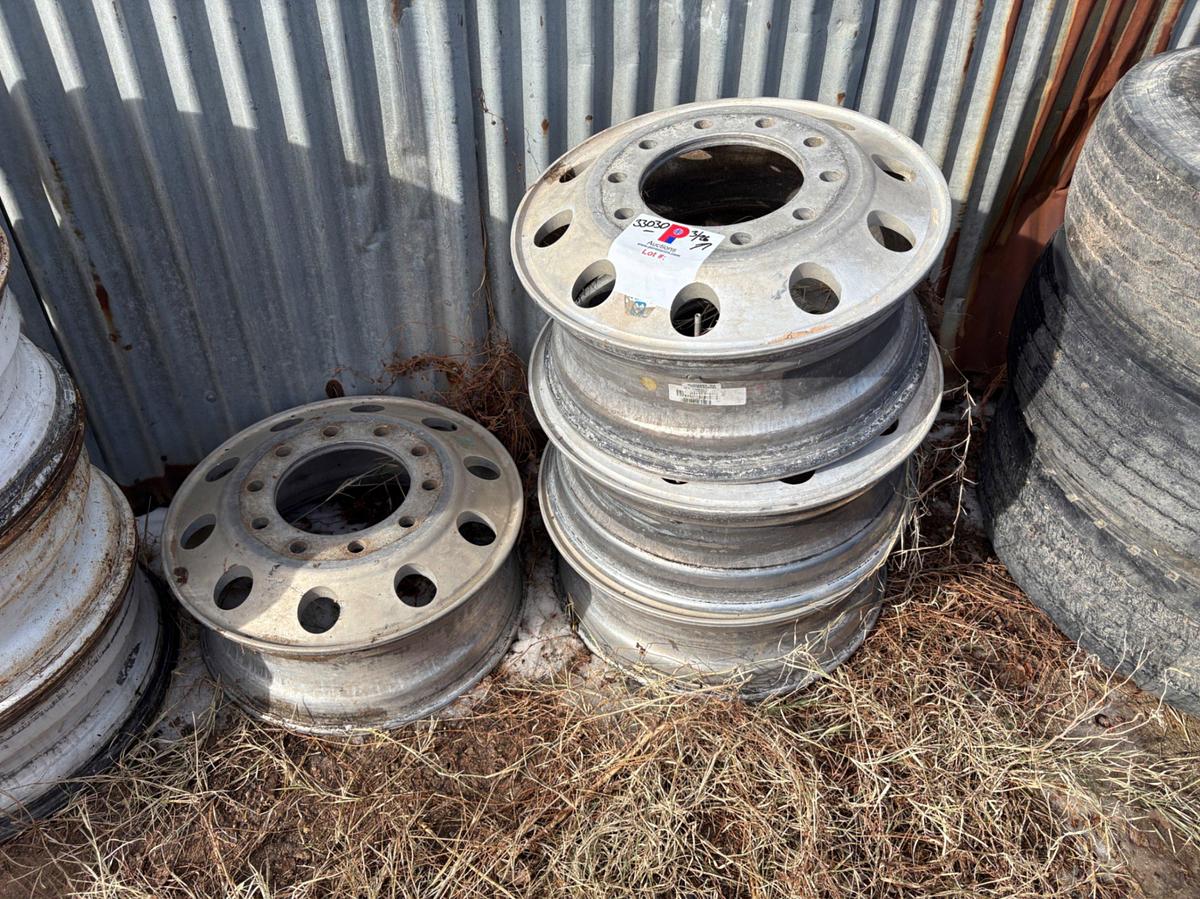 Used (11) 11r22.5 tires w/ (15) 10-lug aluminum wheels