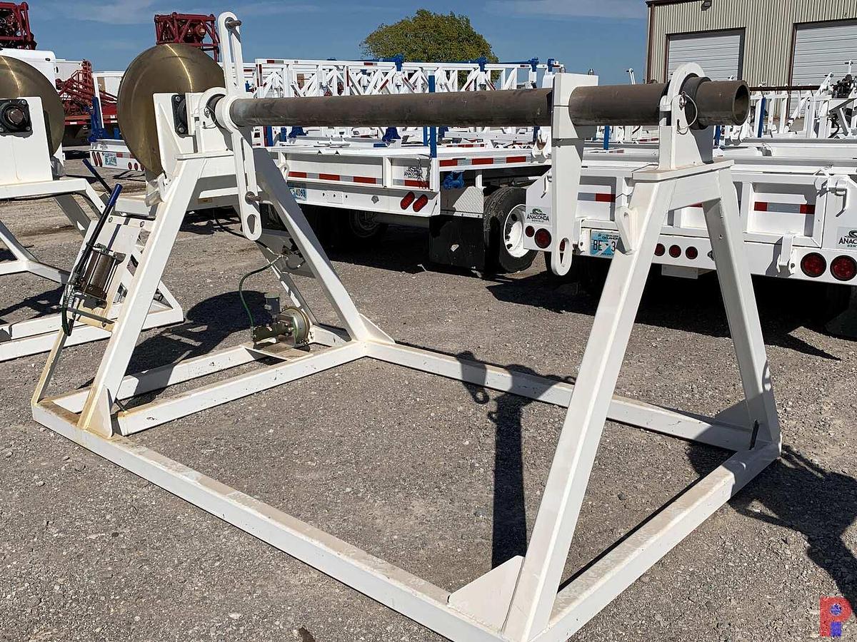 Used 94”W X 5’H REEL STAND W/ 28” DUAL CALIPER HYDRAULIC HAND BRAKE