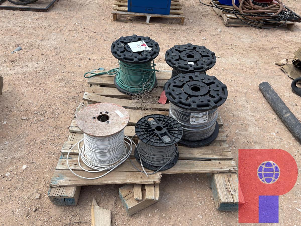 Used (3) PALLETS & (1) SPOOL RACK W/ ASSORTMENT OF ELECTRIC CABLES