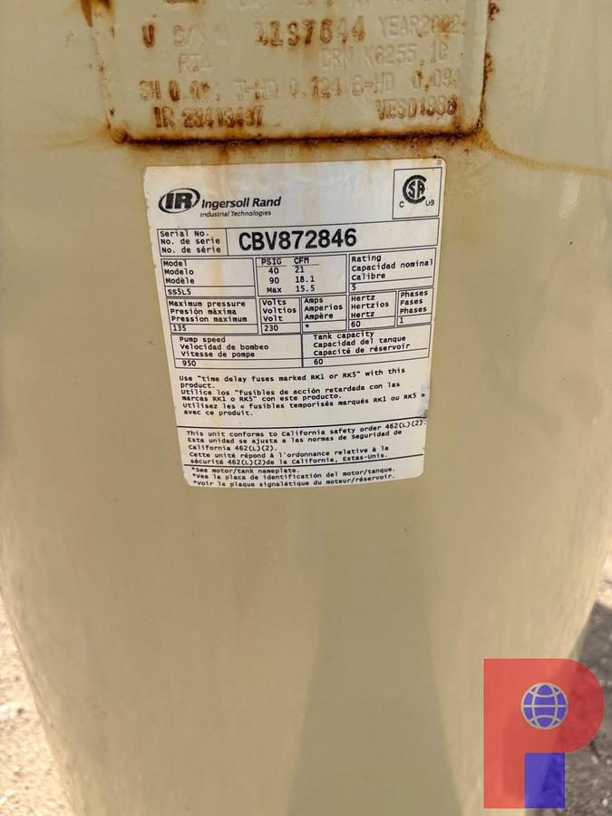 Used INGERSOLL RAND MODEL: SS5 AIR COMPRESSOR P/B: 5HP ELECTRIC MOTOR W/ 60 GAL TANK