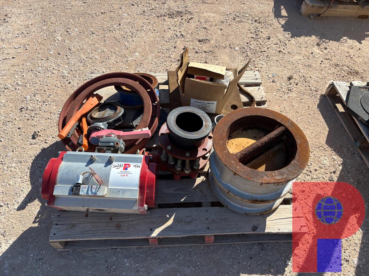 Used (2) PALLETS W/ COUNTY LINE 1HP ELECTRIC FLUID PUMP, ASSORTED FLOW METERS, BUTTERFLY VALVES, BLIND FLANGES, & VALVE ACTUATORS