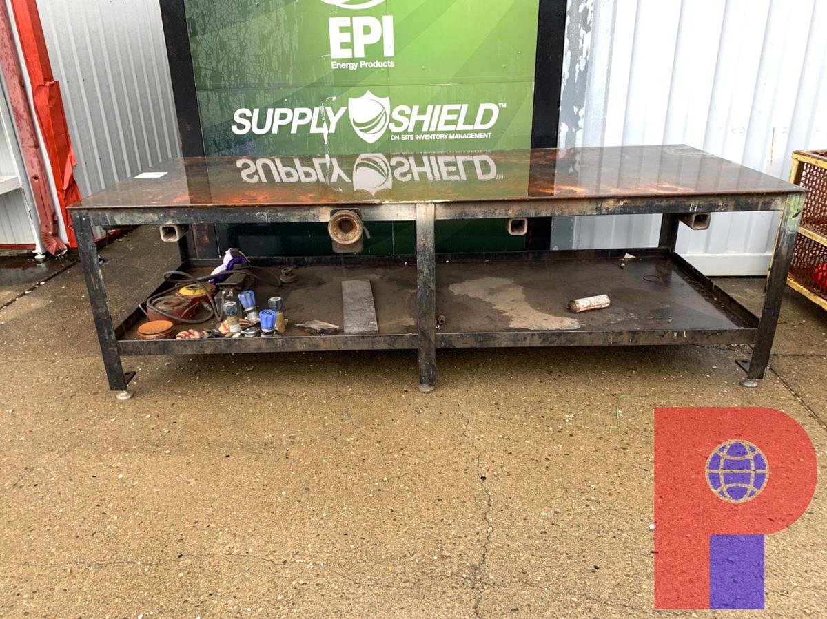 Used 10’ X 4’ X 3’ METAL SHOP TABLE W/ BOTTOM STORAGE SHELF