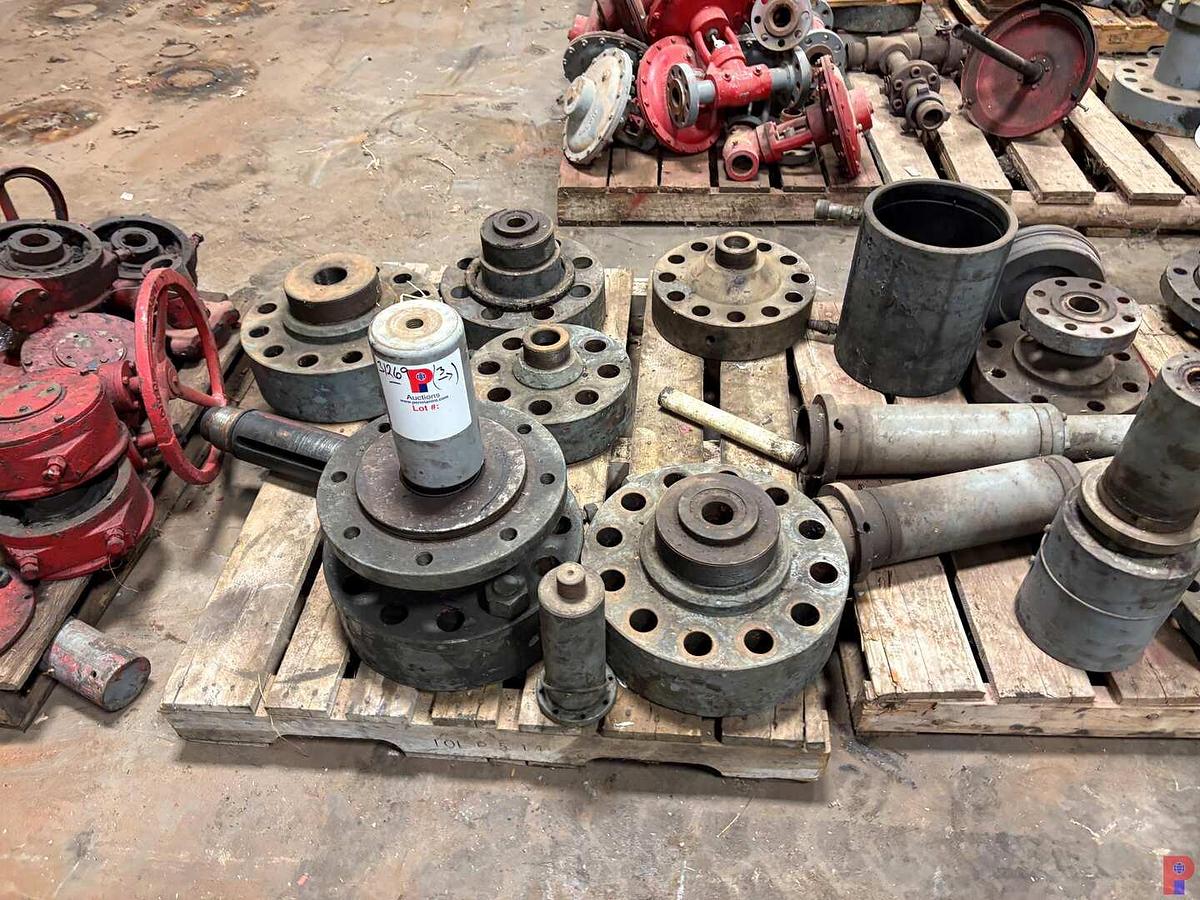 Used (3 PALLETS) W/ (6) BONNET FLANGES, VALVE STEM PROTECTORS, FRAC VALVE STEM COMPONENTS