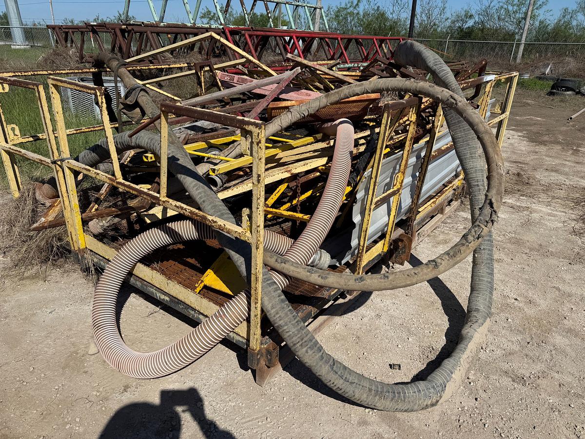 Used 16’L X 102”W CUSTOM WORKFLOOR TRANSPORT SKID W/ HANDRAILS & CONTENTS