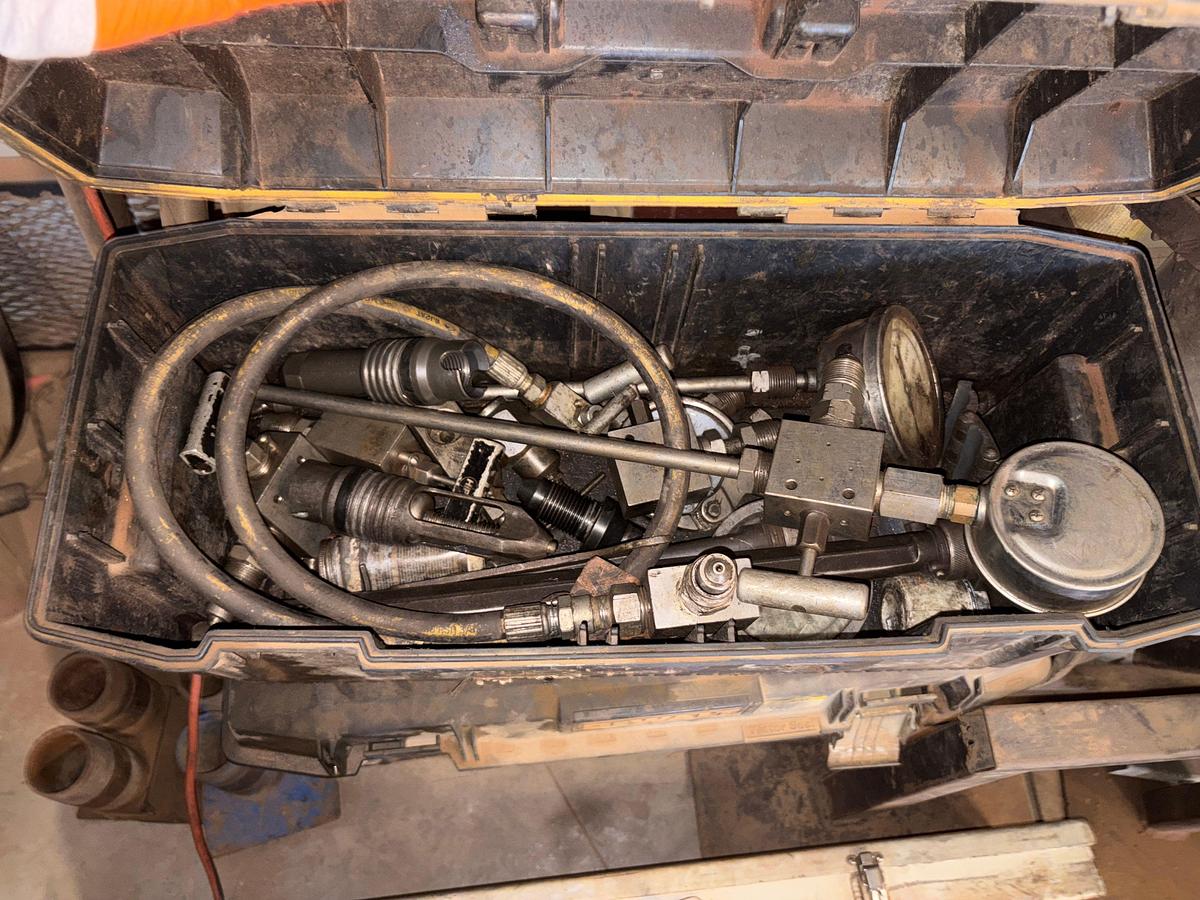 Used Lot w/ (3) job boxes w/ contents, trailer hitches, air & hydraulic hoses, safety harnesses, ladders, etc.