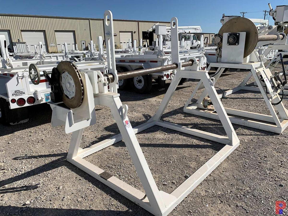 Used 66”W X 48”H REEL STAND W/ ADJUSTABLE 16” BRAKE CALIPER