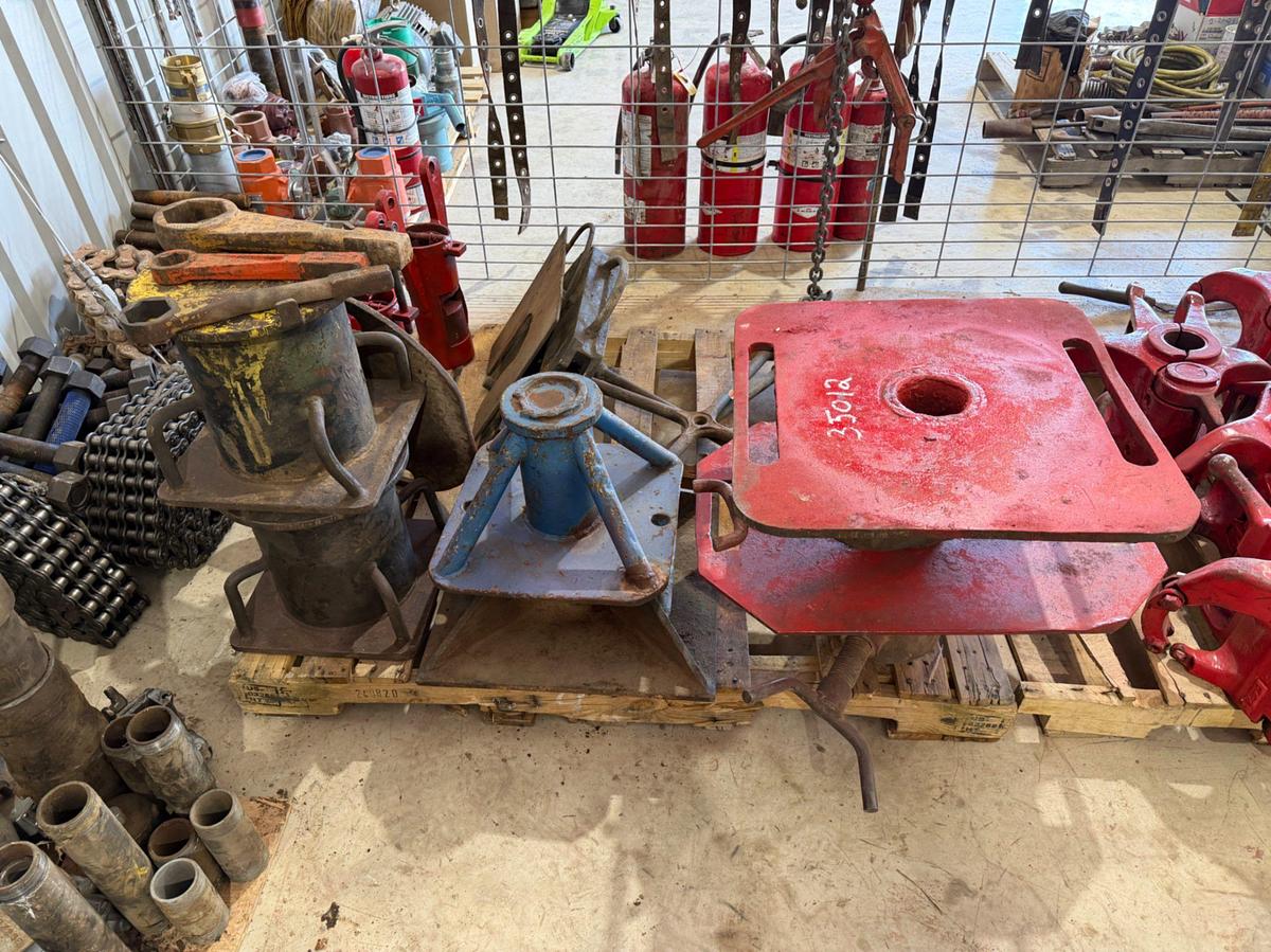 Used Pallet w/ (2) Rod Strippers, Rig jack stands, Tong hangars, etc.