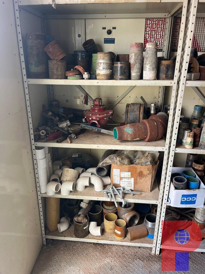 Used (3) SHELVES W/ ASSORTED PIPE SWAGES, FITTINGS, FLOAT VALVES, ETC.